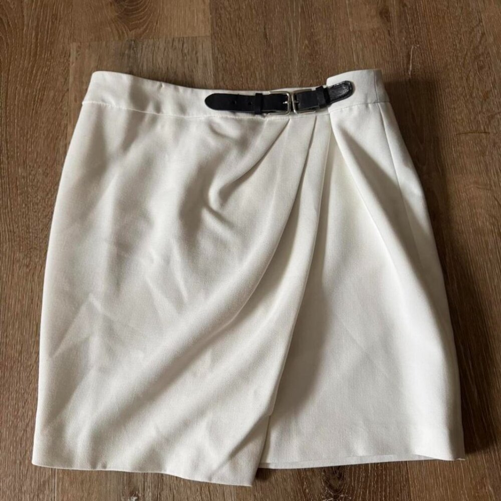 Sandro Off-White Draped Wrap Mini Skirt with Black Belt Accent
